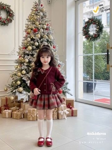 Bt791- set đầm Nơ  dạ bé gái bè màu đỏ 2 lớp CV có lót