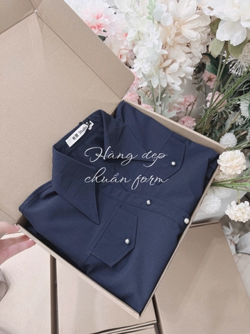 Set773- Set công sở áo sơ mi than cổ bẻ phối chân váy midi