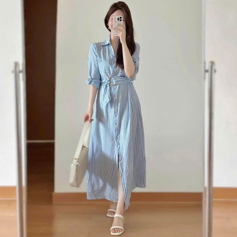 Dam121- Đầm suông kẻ xanh dáng dài kèm đai