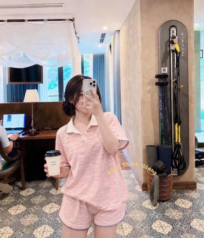 Set1027- Set mặc nhà cộc màu hồng vải thun xước