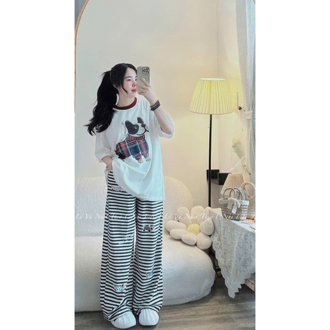 SET472-Bộ áo cotton CÚN in lụa mix quần kẻ suông dài 100cm