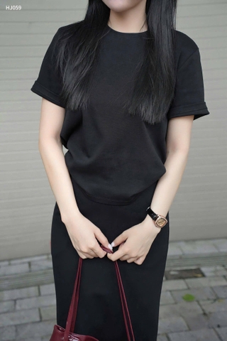 SET742-Bộ áo thun đen phối chân váy midi dài vải mì Hàn