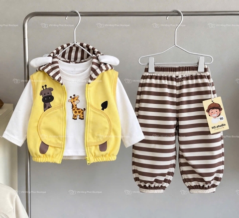 BT1074- Bộ hưou cao cổ 3 chi tiết mũ nhồi cute màu kẻ vàng