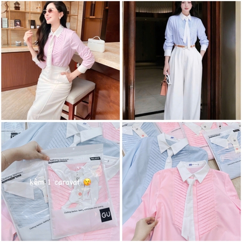 A140-Áo sơ mi nữ xếp ly chéo phối cavat rời 2 màu xanh hồng