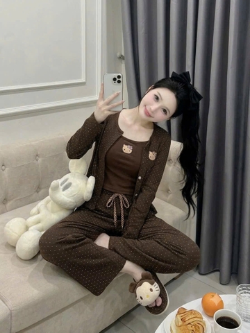 Sey1052- Set 3 chi tiết màu nâu thêu kitty nâu chấm bi