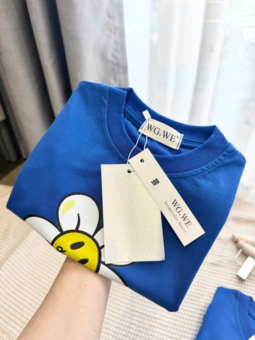 A497-Áo thun đôi mẹ con màu xanh dương hoa trắng