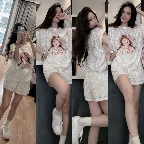 set616- Set bộ ren cô gái quần cộc màu trắng