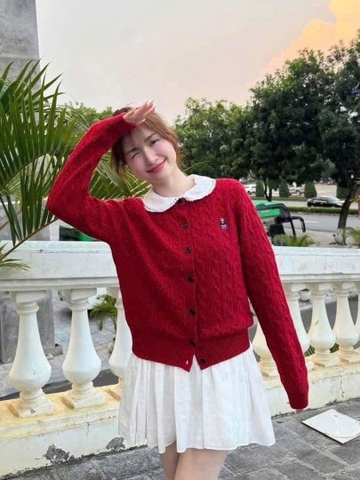 A356-Áo len đỏ cadigan thừng thêu gấu