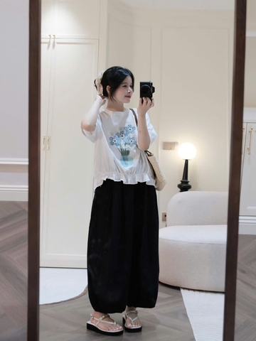 SET984-SET in hoa 3D áo sơ ni trắng mix quần bom màu đen