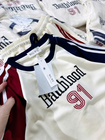 Set870-Bộ cotton nỉ màu be thêu chữ BLOOD áo cộc quần dài