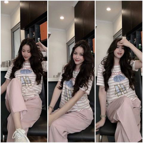 Set716- Set COAST hồng kẻ mix quần bom gió