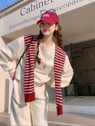 SET747- SET áo nỉ dài tay phối quần suông tặng kèm khăn rời