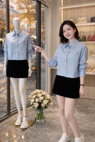 A512-Áo sơ mi tay lỡ xanh biển thêu tay mẫu mới