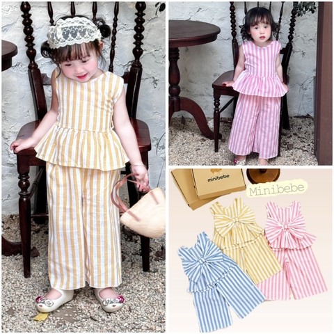 SETKID033-JUM nơ lưng bé gái 3 màu kẻ chất đũi lien loại đẹp