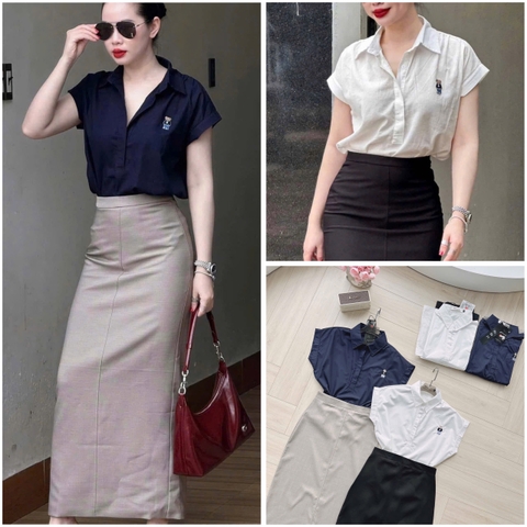 😚☘️☘️☘️SET513- SET SƠ MI TAY vạt thêu gấu mix CV bút chì