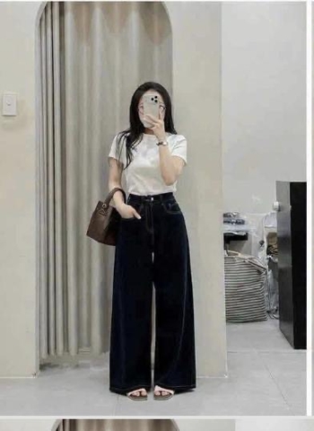 QUAN118- Quần JEANS suông đậm gấu bản to mác da
