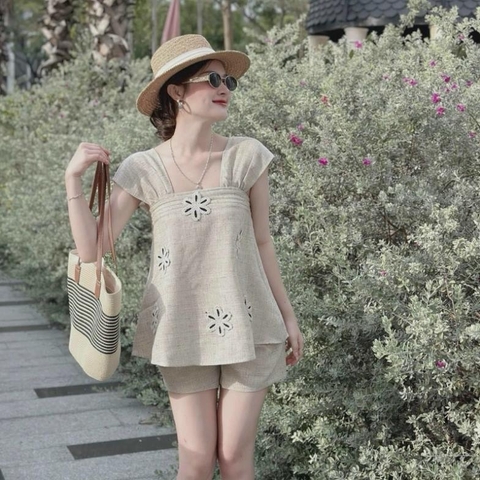 SETKID022- Set hoa thêu MẸ-COM màu be cao cấp