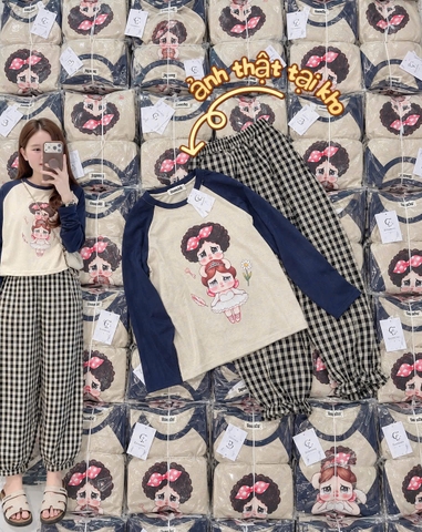SET1072- Set cố gái KHÓC áo be phối be mix quần kẻ
