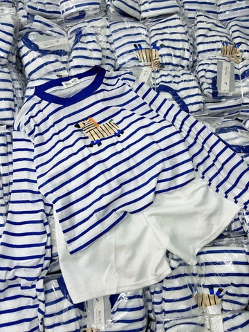 Set706- Set áo thun xước dài tay kẻ xanh phối quần short