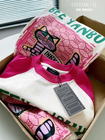 A570- Áo thun suông cộc hồng trắng hàng nhà máy đủ tem