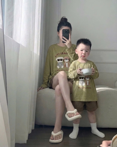 SET1033- Bộ mặc nhà mẹ con áo thun dài tay xanh rêu phối quần nâu