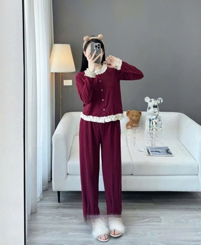 SET440-Set đồ mặc nhà nữ len thỏ viền bèo 2 màu nâu đỏ