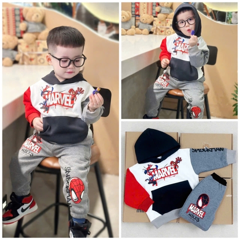 BN184 (9-26kg) Bộ nỉ thu đông dài tay bé trai Mavel phối màu có mũ VNXK