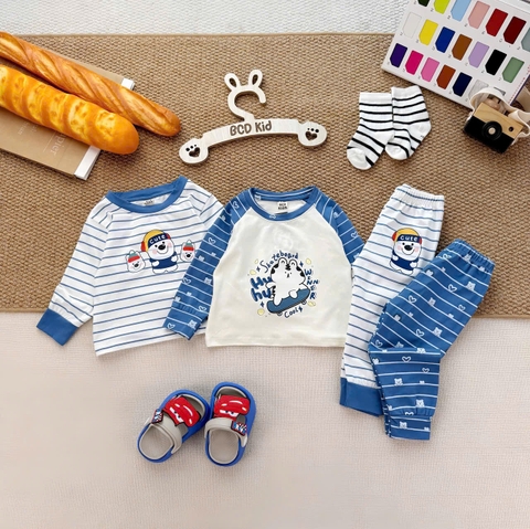 BT1081- Set 2 bộ thun díp dài tay xanh trắng kẻ Cute bé trai