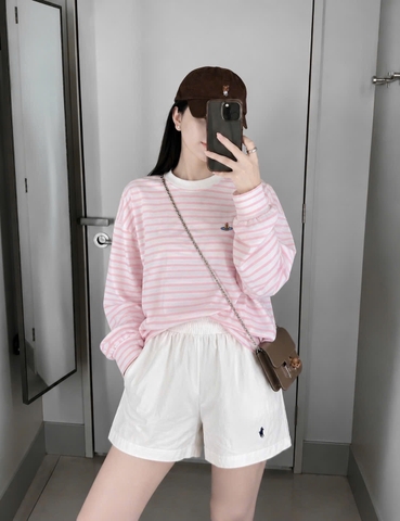 Set1039- Set áo thun hồng kẻ dài phối quần cộc trắng