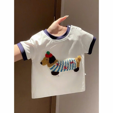 BT834- Bộ cotton đính chó nổi viền trắng-xanh trẻ em