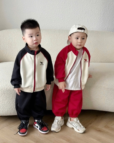 BT735- Bộ nỉ bé trai áo khoác kéo khoá phối quần chun bo ống 2 màu đen đỏ