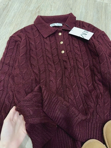 A334-Áo len thừng màu đỏ đô cổ bẻ