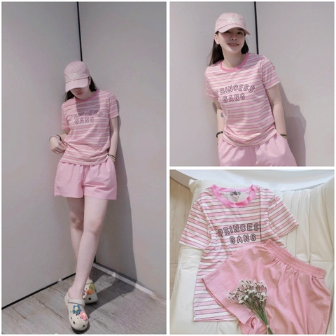 SET597-Set thun cộc áo kẻ hồng phối quần short