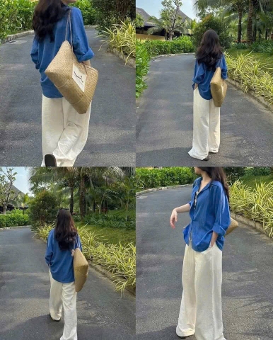 Set677-Set áo đũi xanh coban mix quần đũi màu be suông