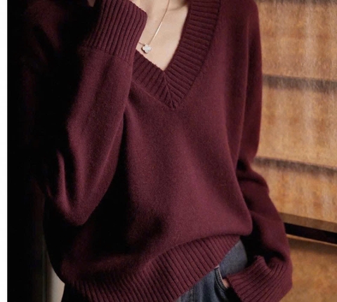 A441- Áo len đỏ cổ V trơn nhà máy full tem