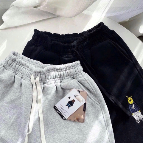 Quan085- Combo 2 quần nỉ gấu bo ống đen xám