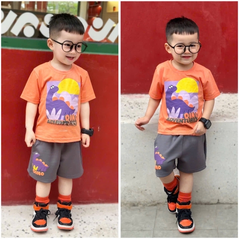 BT447- Bộ áo cotton KHỦNG LONG CAM mix quần cua màu ghi