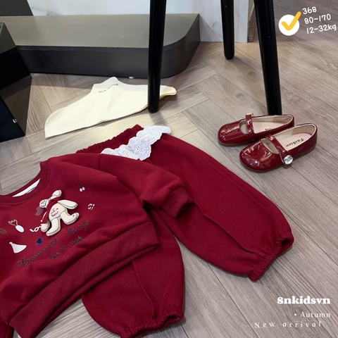 Bt758- Bộ nỉ đỏ viền ren trắng đính gấu nổi chất nỉ hai da cao cấp