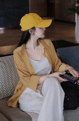 Set681- Set 3 chi tiết trắng mix áo đũi vàng nghệ. Quần suông