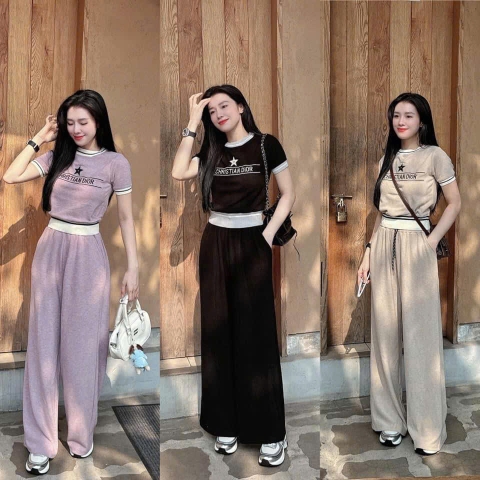 Set333- Set áo len lông thỏ cộc phối quần suông dài