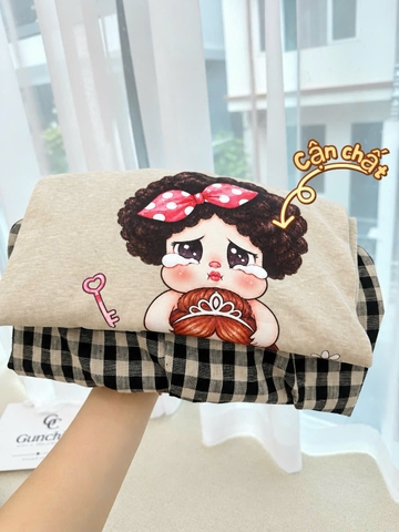 SET1072- Set cố gái KHÓC áo be phối be mix quần kẻ