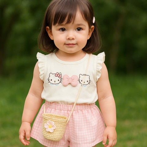 Bt585- Bộ dây kitty kèm quần  bí kẻ hồng tặng túi cói