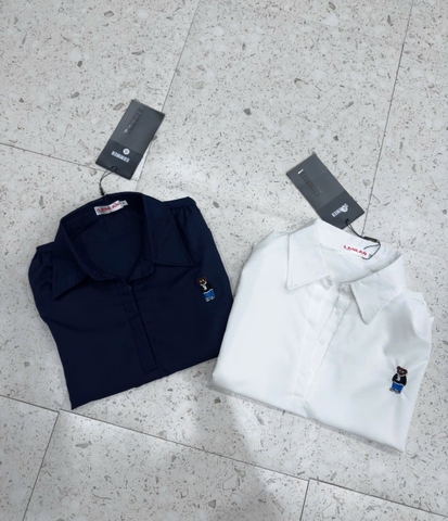 A255-Áo  sơmi nữ tay hến thêu gấu 2 màu xanh trắng