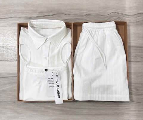 SET994-Set đũi trắng 3 món: áo sơ mi, áo 2 dây kèm quần short đũi 2 lớp