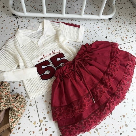 BT820-Bộ áo lưới 55 mix kèm CV ren đỏ xòe bồng