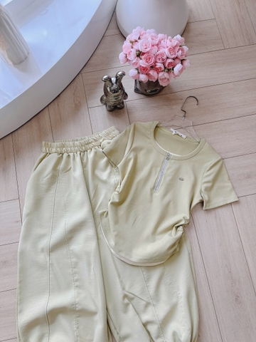 SET1004- Set áo phối khoá vàng nhạt kèm quần dài bo ống