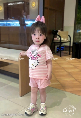 bt9010-Combo 2 bộ KITTY kẻ ngang quần đùi chất cotton bé gái