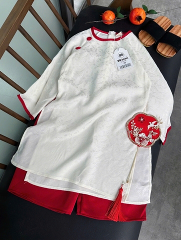 Bt783- Bộ áo dài bé gái cách tân màu trắng đỏ đính cúc bọc TẶNG KÈM BỜM