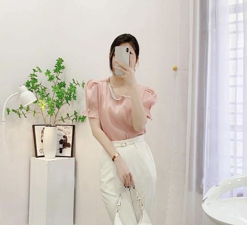 Áo sơ mi tơ viền ngọc tay bồng 3 màu