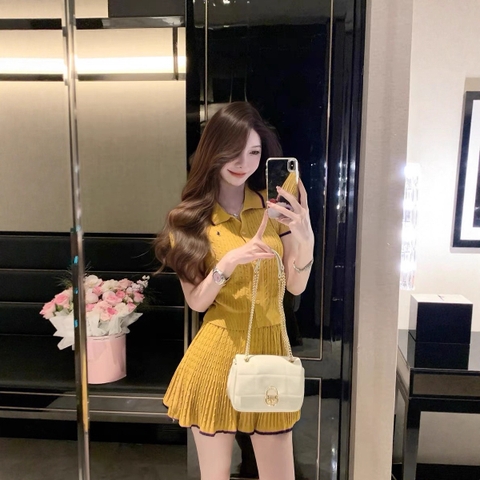 SET720-Set áo len cộc thêu phối chân váy xoè thể thao 2 màu vàng trắng